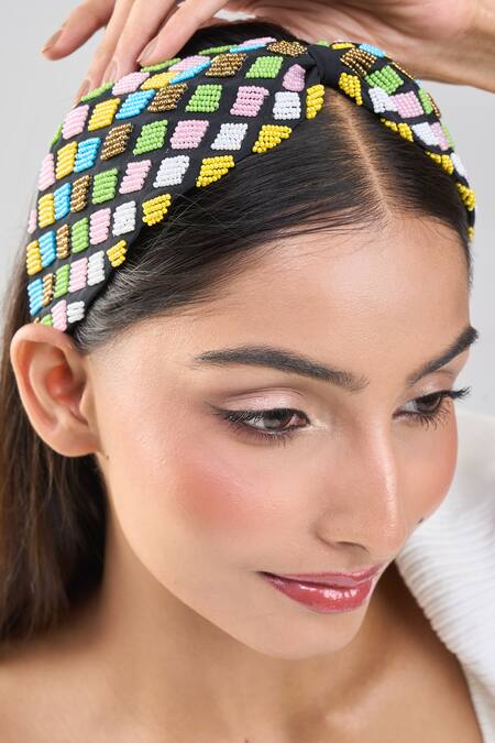 Shop_Nazaakat By Samara Singh_Black Beads Colorful Hand Embroidered Hairband _Online_at_Aza_Fashions