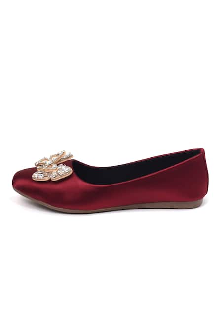 Yassio_Maroon Butterfly Ballerinas With Embellishments _Online_at_Aza_Fashions
