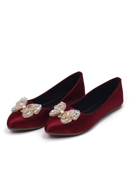 Shop_Yassio_Maroon Butterfly Ballerinas With Embellishments _at_Aza_Fashions