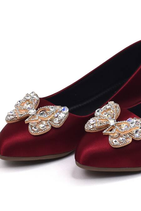 Yassio_Maroon Butterfly Ballerinas With Embellishments _at_Aza_Fashions