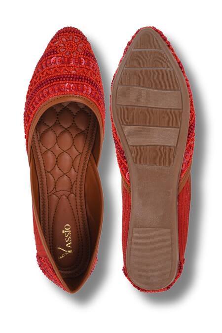 Shop_Yassio_Red Embroidered Vegan Juttis _Online_at_Aza_Fashions