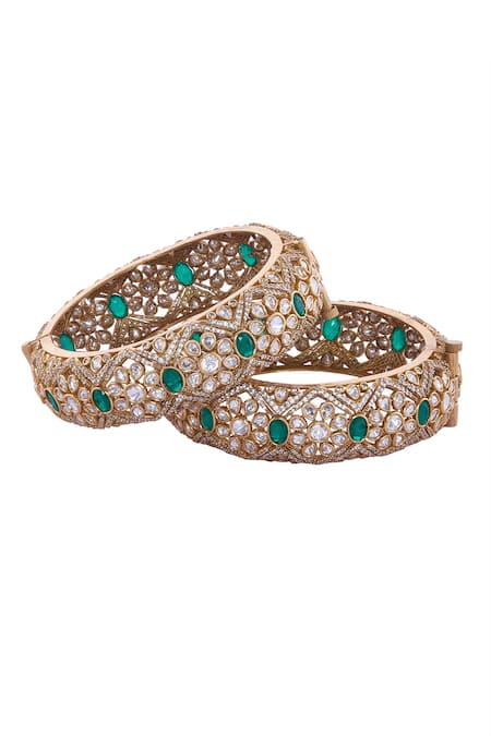 Shop Nazaakat By Samara Singh Gold Plated Stones, Cut Work And Green Embellished Bangles Set at Aza Fashions Shop_Nazaakat By Samara Singh_Gold Plated Stones, Cut Work And Green Embellished Bangles Set _at_Aza_Fashions