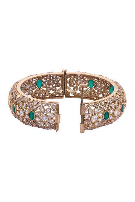 Shop Nazaakat By Samara Singh Gold Plated Stones, Cut Work And Green Embellished Bangles Set Online at Aza Fashions Shop_Nazaakat By Samara Singh_Gold Plated Stones, Cut Work And Green Embellished Bangles Set _Online_at_Aza_Fashions