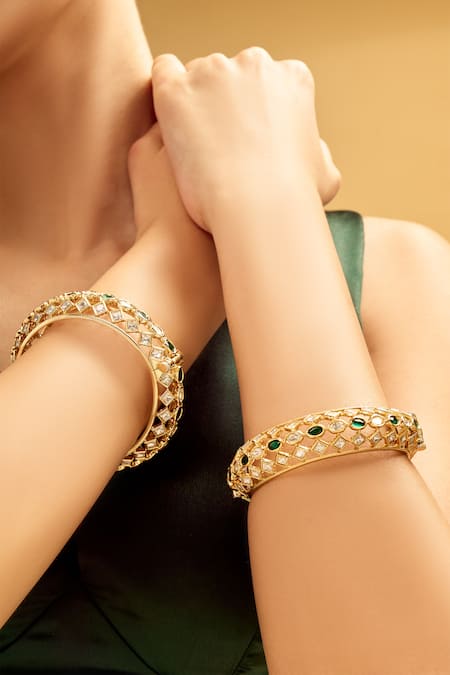 Nazaakat By Samara Singh_White Stones, Crystals Geometric Design Brass Bangles Set _at_Aza_Fashions