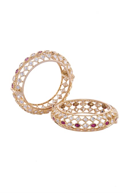 Shop Nazaakat By Samara Singh Gold Plated Stones Red And White Bangles Set at Aza Fashions Shop_Nazaakat By Samara Singh_Gold Plated Stones Red And White Bangles Set _at_Aza_Fashions