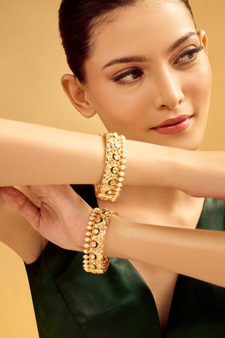 Nazaakat By Samara Singh_Gold Plated Pearls Embellished Bangles Set _at_Aza_Fashions