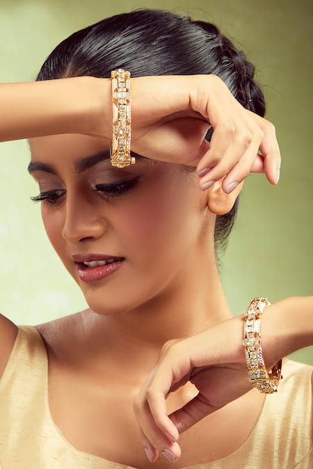 Nazaakat By Samara Singh_Cream Crystals And Pink Brass Bangles Set _at_Aza_Fashions