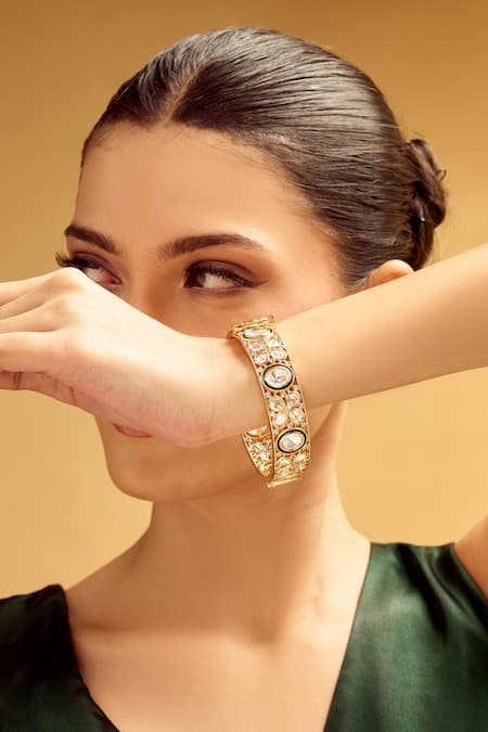 Shop_Nazaakat By Samara Singh_White Crystals Gold And Stone Studded Bangles _Online_at_Aza_Fashions