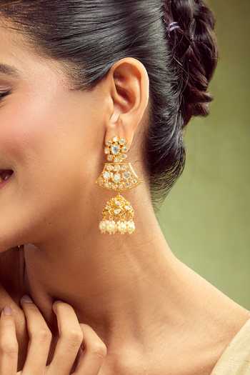 Shop_Nazaakat By Samara Singh_White Stones, Pearls Brass Dangler Earrings With Accents _Online_at_Aza_Fashions