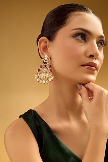 Buy_Nazaakat By Samara Singh_Red Stones, Pearls Ruby Embellished Dangler Earrings _Online_at_Aza_Fashions