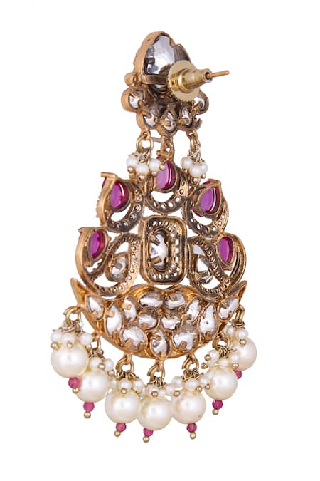 Shop_Nazaakat By Samara Singh_Red Stones, Pearls Ruby Embellished Dangler Earrings _Online_at_Aza_Fashions