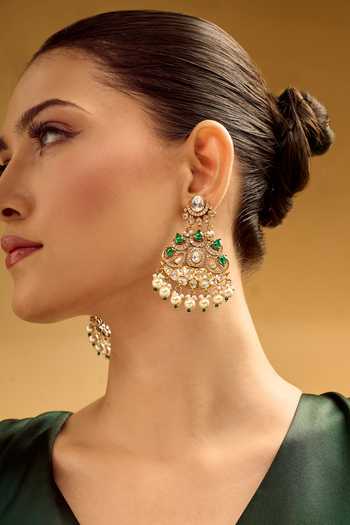 Nazaakat By Samara Singh_Green Stones, Pearls Embellished Dangler Earrings _Online_at_Aza_Fashions
