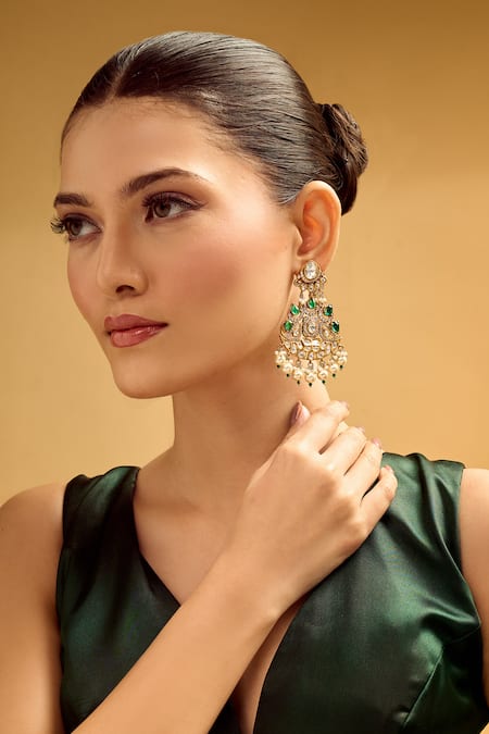 Samyukta Singhania Green Pearl Embellished Dangler Earrings 