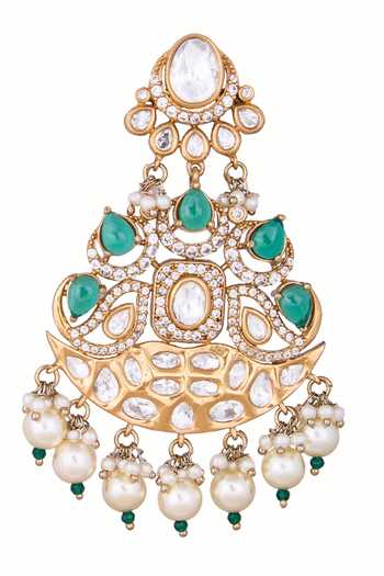 Nazaakat By Samara Singh_Green Stones, Pearls Embellished Dangler Earrings _at_Aza_Fashions