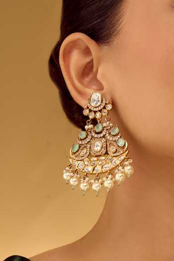 Nazaakat By Samara Singh_Aqua Stones, Pearls Embellished Dangler Earrings _Online_at_Aza_Fashions