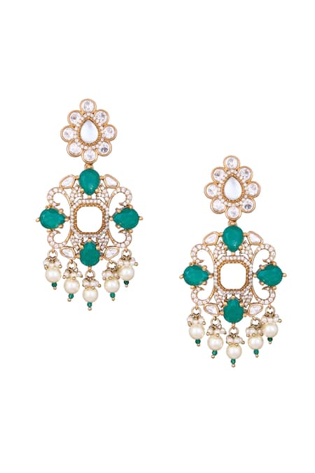 Shop Nazaakat By Samara Singh Gold Plated Stones, Pearls And Green Dangler Earrings at Aza Fashions Shop_Nazaakat By Samara Singh_Gold Plated Stones, Pearls And Green Dangler Earrings _at_Aza_Fashions