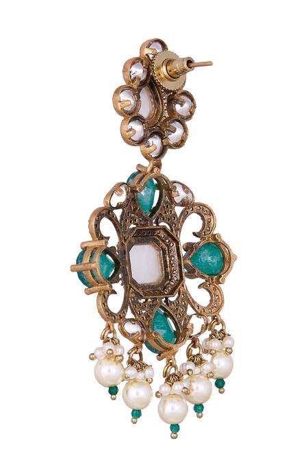 Nazaakat By Samara Singh Gold Plated Stones, Pearls And Green Dangler Earrings Online at Aza Fashions Nazaakat By Samara Singh_Gold Plated Stones, Pearls And Green Dangler Earrings _Online_at_Aza_Fashions