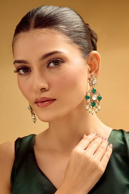 Buy Nazaakat By Samara Singh Gold Plated Stones, Pearls And Green Dangler Earrings Online at Aza Fashions Buy_Nazaakat By Samara Singh_Gold Plated Stones, Pearls And Green Dangler Earrings _Online_at_Aza_Fashions