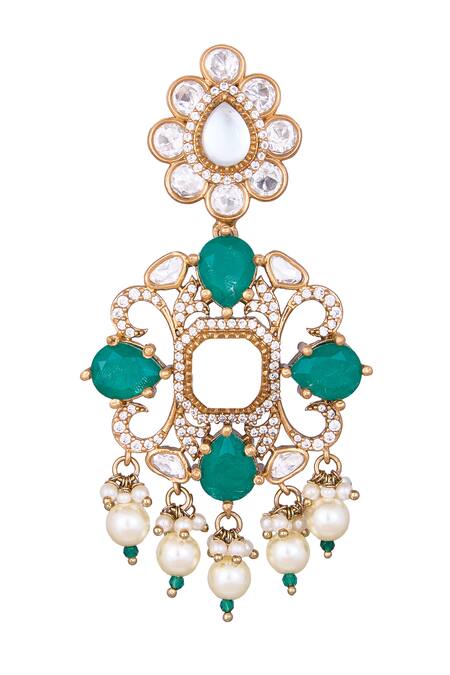 Shop Nazaakat By Samara Singh Gold Plated Stones, Pearls And Green Dangler Earrings Online at Aza Fashions Shop_Nazaakat By Samara Singh_Gold Plated Stones, Pearls And Green Dangler Earrings _Online_at_Aza_Fashions