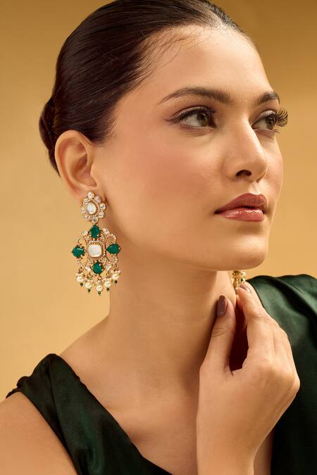 Nazaakat By Samara Singh Gold Plated Stones, Pearls And Green Dangler Earrings at Aza Fashions Nazaakat By Samara Singh_Gold Plated Stones, Pearls And Green Dangler Earrings _at_Aza_Fashions