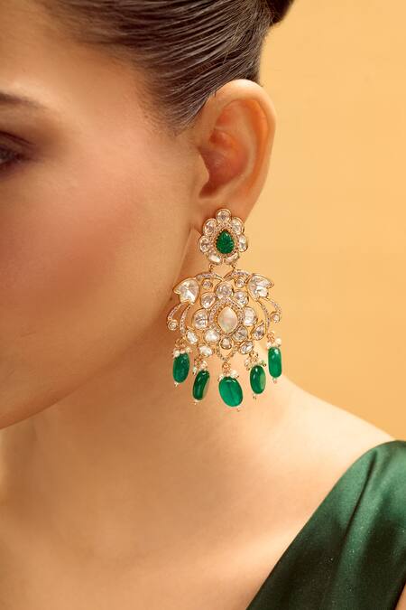 Nazaakat By Samara Singh_White And Green Dangler Earrings _Online_at_Aza_Fashions