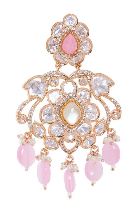 Nazaakat By Samara Singh_White Crystals, Beads Floral Design Dangler Earrings _at_Aza_Fashions