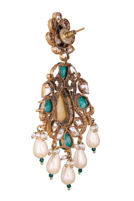 Nazaakat By Samara Singh_Green Stones, Pearls And White Dangler Earrings _Online_at_Aza_Fashions