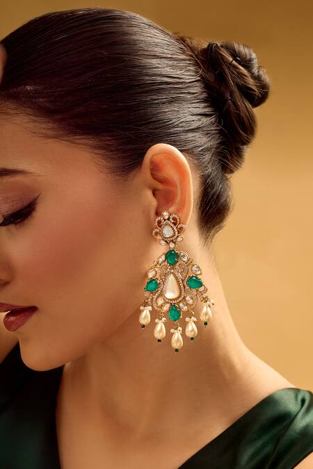 Buy_Nazaakat By Samara Singh_Green Stones, Pearls And White Dangler Earrings _Online_at_Aza_Fashions