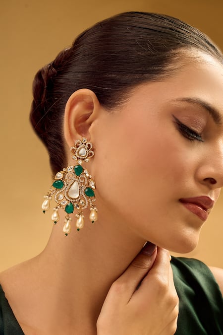 Shop_Nazaakat By Samara Singh_Green Stones, Pearls And White Dangler Earrings _Online_at_Aza_Fashions