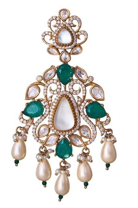 Nazaakat By Samara Singh_Green Stones, Pearls And White Dangler Earrings _at_Aza_Fashions