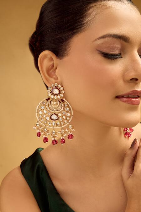 Nazaakat By Samara Singh Gold Plated Stones, Beads And Red Dangler Earrings Online at Aza Fashions Nazaakat By Samara Singh_Gold Plated Stones, Beads And Red Dangler Earrings _Online_at_Aza_Fashions