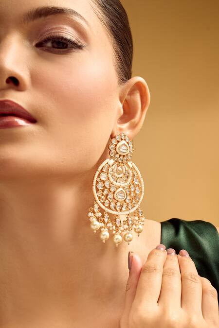 Buy_Nazaakat By Samara Singh_Gold Plated Stones, Pearls White Danglers _Online_at_Aza_Fashions