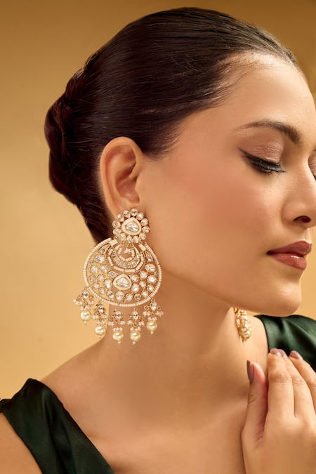 Shop_Nazaakat By Samara Singh_Gold Plated Stones, Pearls White Danglers _Online_at_Aza_Fashions