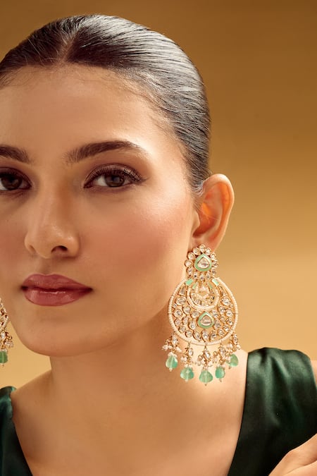 Nazaakat By Samara Singh Gold Plated Stones, Beads Aqua Dangler Earrings Online at Aza Fashions Nazaakat By Samara Singh_Gold Plated Stones, Beads Aqua Dangler Earrings _Online_at_Aza_Fashions