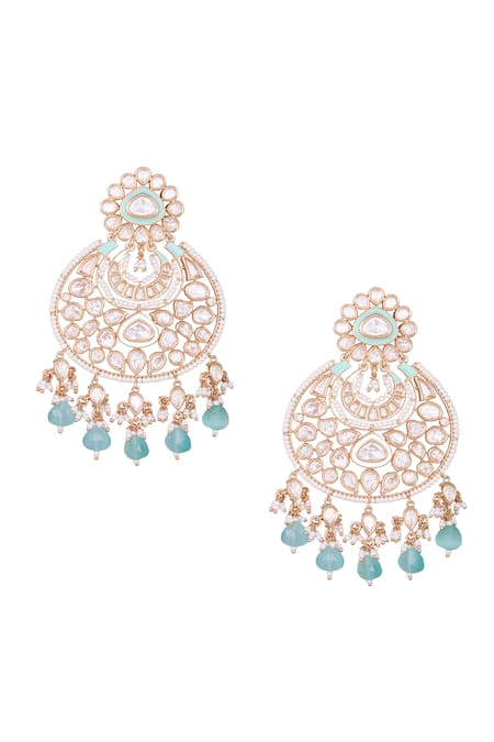 Shop Nazaakat By Samara Singh Gold Plated Stones, Beads Aqua Dangler Earrings at Aza Fashions Shop_Nazaakat By Samara Singh_Gold Plated Stones, Beads Aqua Dangler Earrings _at_Aza_Fashions