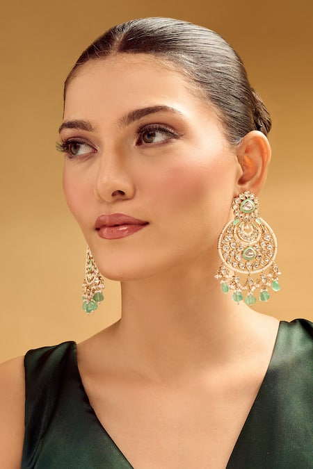 Buy Nazaakat By Samara Singh Gold Plated Stones, Beads Aqua Dangler Earrings at Aza Fashions Buy_Nazaakat By Samara Singh_Gold Plated Stones, Beads Aqua Dangler Earrings _at_Aza_Fashions