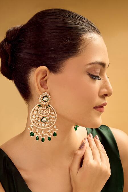 Nazaakat By Samara Singh_Gold Plated Stones, Crystals And Green Dangler Earrings _Online_at_Aza_Fashions