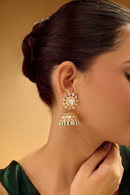 Nazaakat By Samara Singh_White Stones, Beads Gold Plated Jhumka Earrings _Online_at_Aza_Fashions
