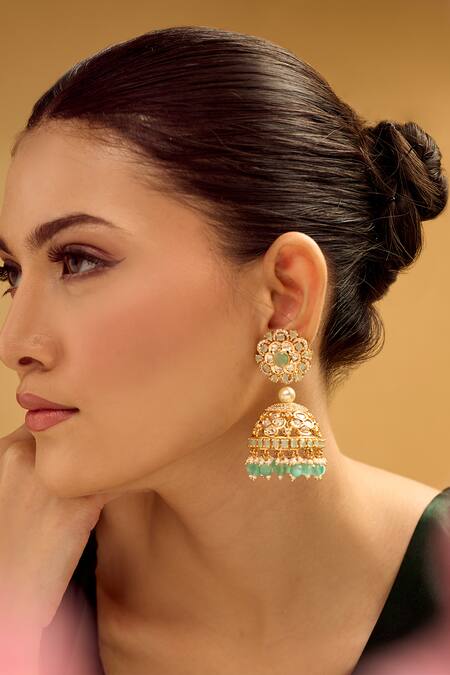Nazaakat By Samara Singh_Gold Plated Pearls, Stones, Beads Aqua Jhumka Earrings _Online_at_Aza_Fashions