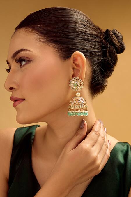 Shop_Nazaakat By Samara Singh_Gold Plated Pearls, Stones, Beads Aqua Jhumka Earrings _Online_at_Aza_Fashions