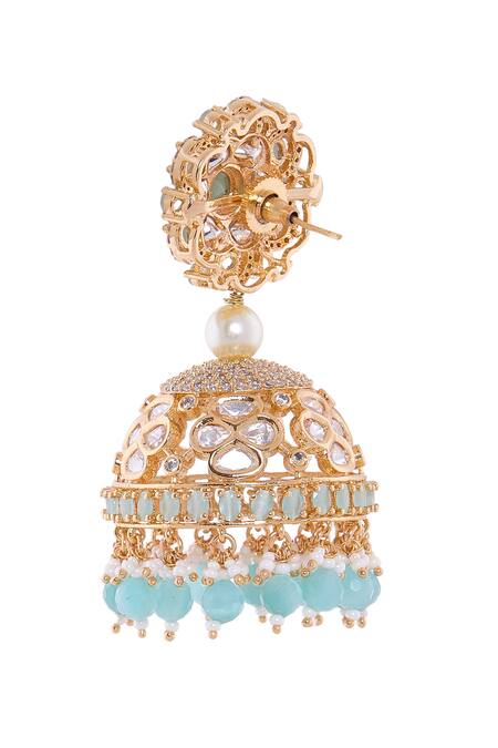 Nazaakat By Samara Singh_Gold Plated Pearls, Stones, Beads Aqua Jhumka Earrings _at_Aza_Fashions