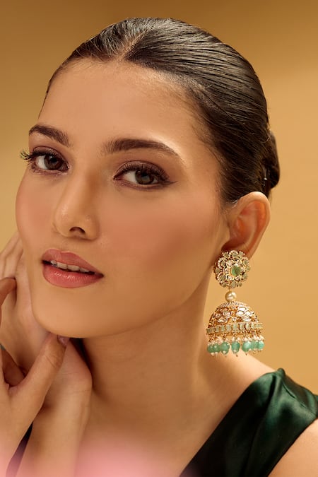 Nazaakat By Samara Singh Golden Aqua Jhumka Earrings 