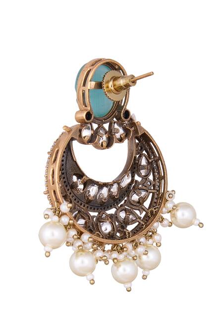 Nazaakat By Samara Singh_White Pearls, Stones Chandbali Earrings With Drops _Online_at_Aza_Fashions