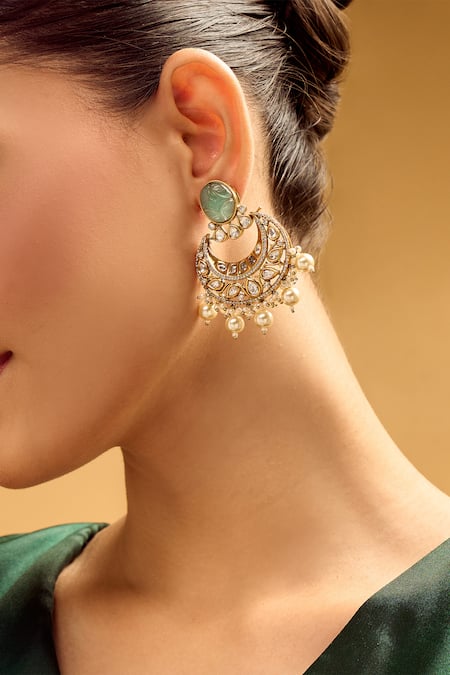 Shop_Nazaakat By Samara Singh_White Pearls, Stones Chandbali Earrings With Drops _Online_at_Aza_Fashions