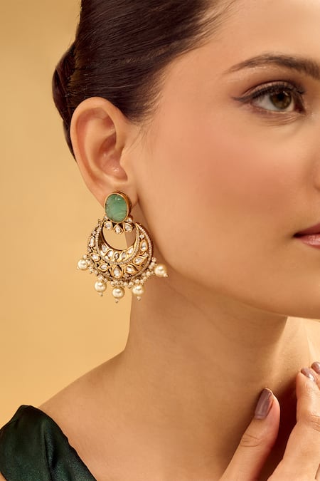 Nazaakat By Samara Singh_White Pearls, Stones Chandbali Earrings With Drops _at_Aza_Fashions
