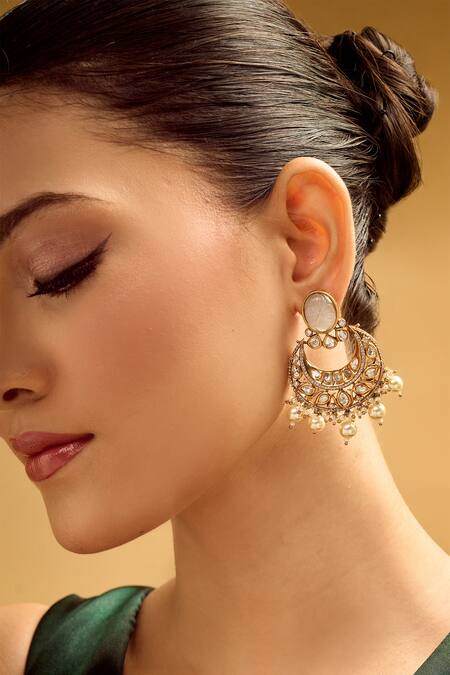 Buy_Nazaakat By Samara Singh_White Pearls, Stones Gold And Chandbali Earrings _Online_at_Aza_Fashions