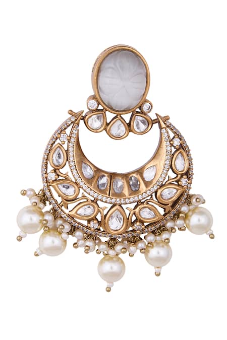 Shop_Nazaakat By Samara Singh_White Pearls, Stones Gold And Chandbali Earrings _at_Aza_Fashions