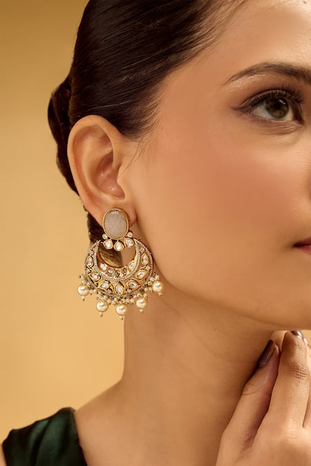 Nazaakat By Samara Singh_White Pearls, Stones Gold And Chandbali Earrings _at_Aza_Fashions