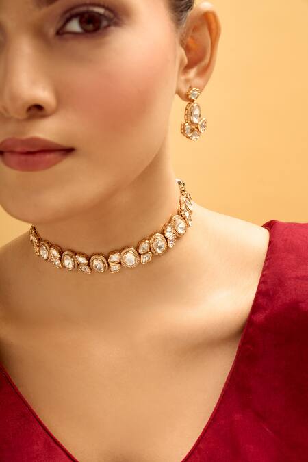 Buy Nazaakat By Samara Singh Gold Plated Stones And White Embellished Jewellery Set Buy_Nazaakat By Samara Singh_Gold Plated Stones And White Embellished Jewellery Set