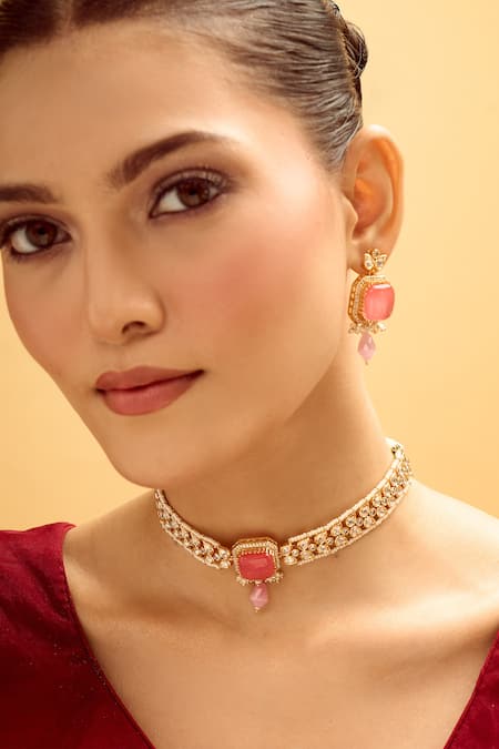 Shop_Nazaakat By Samara Singh_Pink Pearls Stone Embellished Jewellery Set _Online_at_Aza_Fashions